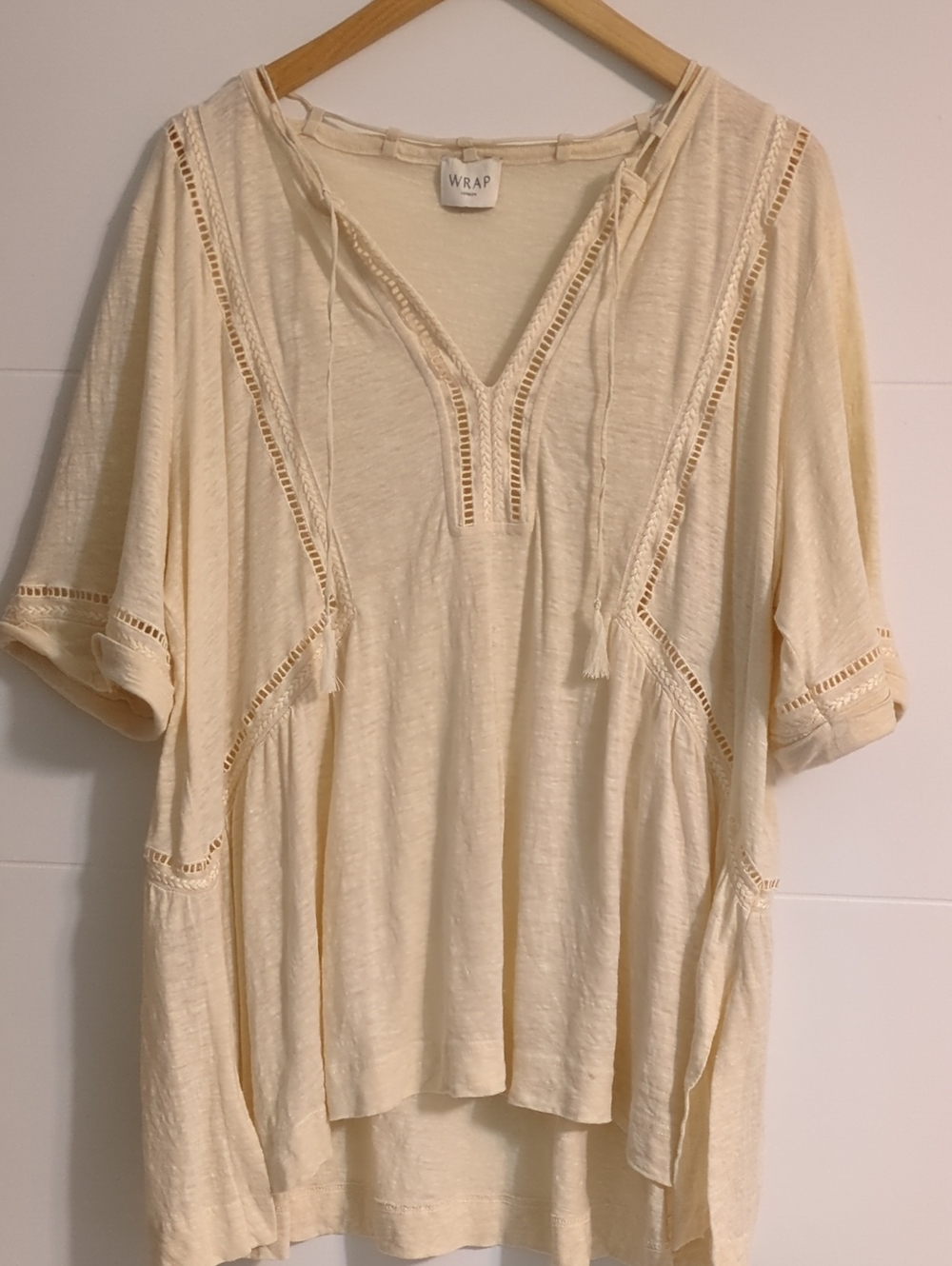 Wrap London Cream Crochet-Trim Linen V-Neck Tunic Top Sz 18 Beach Boho Coastal